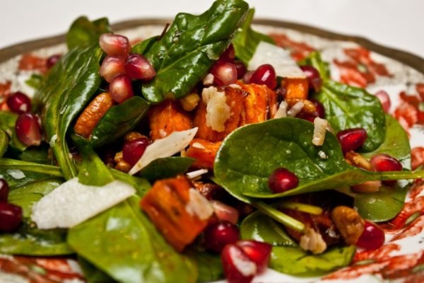 Spinach Sweet Potato Pomegranate Salad